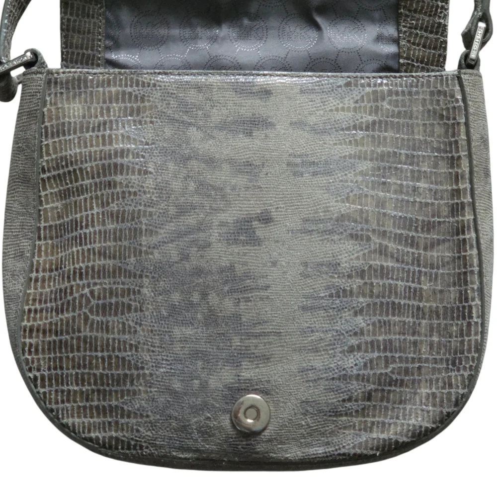 Michael Kors Croc Embossed Leather Crossbody Bag Grey Tan Silver Hardware